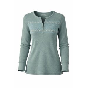 Eddie Bauer Nordic Henley Top Women XL Green Soft Waffle Fair Isle Geometric